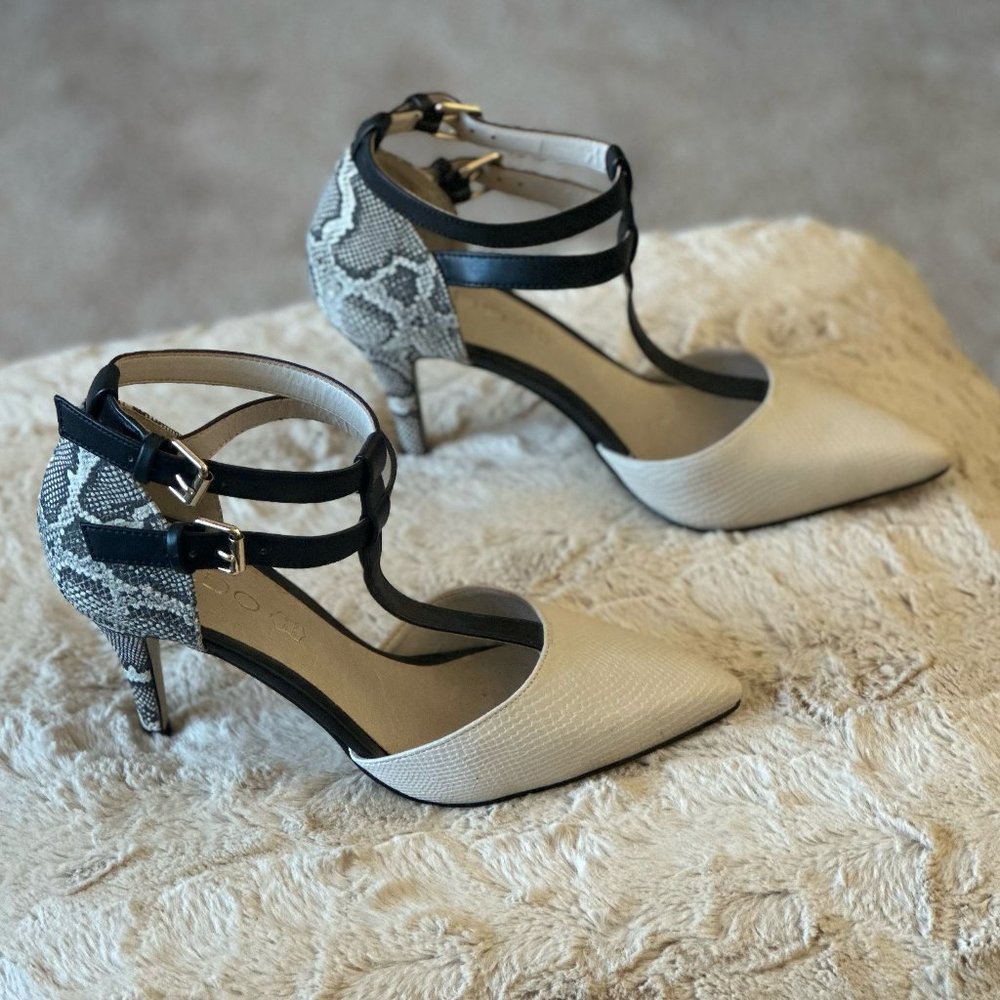 Aldo Mary Jane Double Strap Black and Cream Snakeskin Sandals - NEVER WORN
